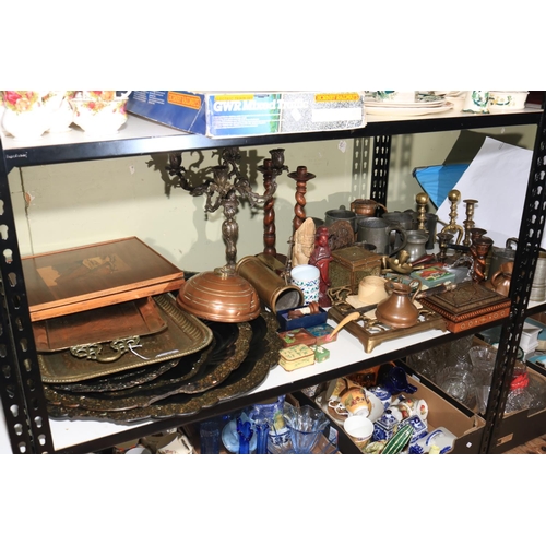 67 - Collection of metalwares including pewter jugs, pair of vases, trivet, etc, papier mache trays, cand... 