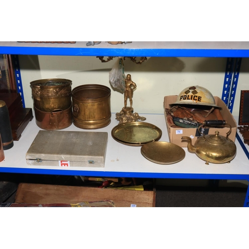 74 - Cased cutlery, brass and copper wares including planters, police helmet, train carriages, horse bras... 