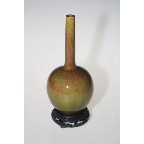 162 - Chinese slender neck green/brown glazed vase, 21.5cm, with stand.