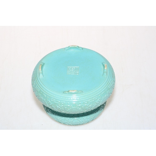 175 - Chinese blue glazed censor with intricate relief decoration, 15cm diameter.