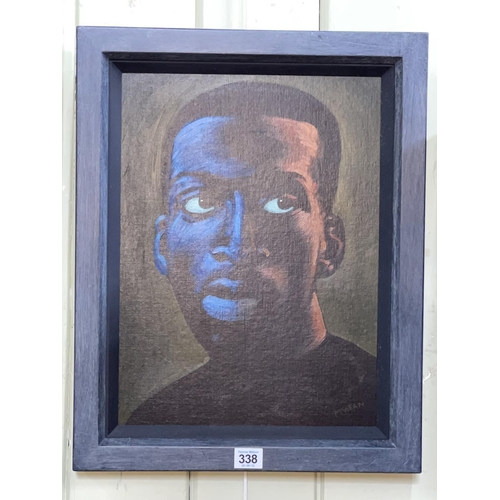 338 - Graham McKean, Black and Blue, portrait of boxer Nigel Benn, on board, 40cm by 30cm, framed.