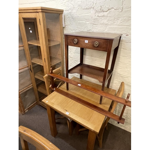 387 - Slim oak display cabinet, breakfast table and two dining chairs together with a 19th Century mahogan... 