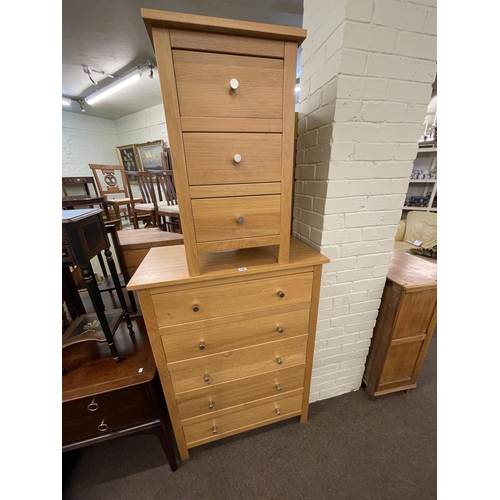 398 - Light oak five drawer chest and matching three drawer pedestal chest.