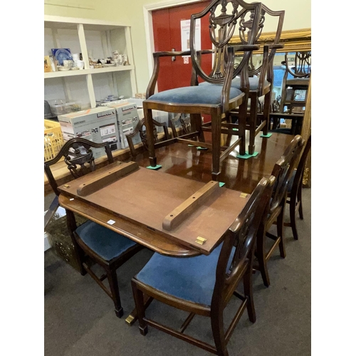 401 - Bevan & Funnel mahogany twin pedestal extending dining table and leaf and eight Hepplewhite style ch... 