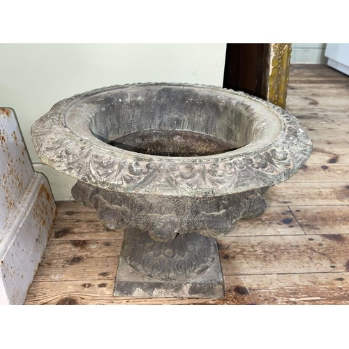 423 - Pair circular cast pedestal garden planters, 30cm by 42cm diameter.