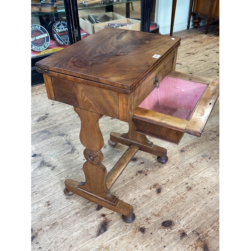 459 - Victorian mahogany fold top work table having frieze drawer above deep sewing drawer raised on shape... 