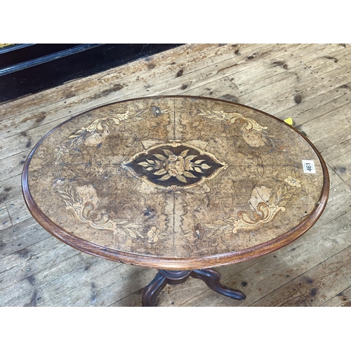 461 - Victorian oval inlaid walnut snap top occasional table on triform base, 71cm by 42cm by 60cm.