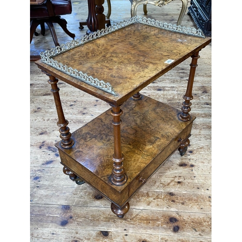 469 - Victorian burr walnut two tier etagere with pierced brass 3/4 gallery top and base drawer, 72cm by 5... 