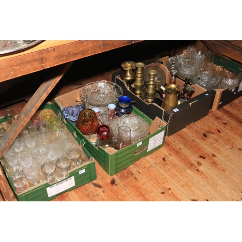 52 - Five boxes with glassware, brass, cutlery, etc.