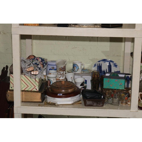 89 - Full shelf of glass, china, teaware, animal ornaments, family bible, pictures, wall clock, etc.