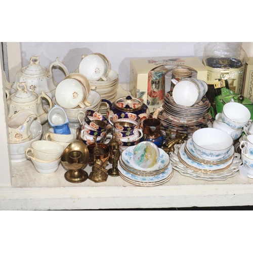 94 - Ringtons china, motor car teapot, teawares, glassware, brass, etc.