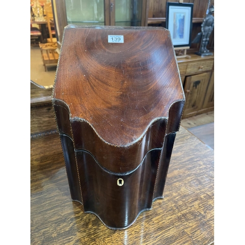 139 - 19th Century mahogany knife box, 36cm high.