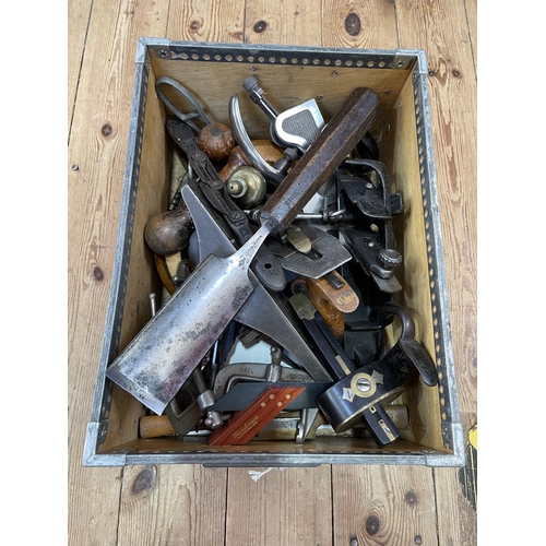 26 - Box of joiners tools including brace, planes, clamps etc .