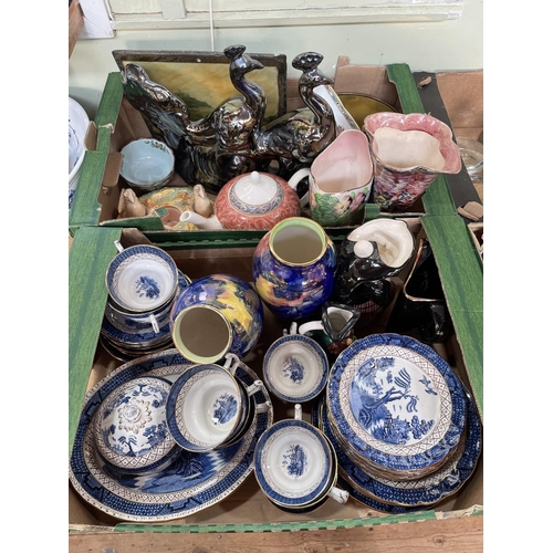 49 - Six boxes of Maling, cheese dome, Belleek, metalwares, books, wash bowl and jug, etc.