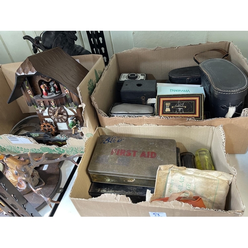 53 - Large collection of clocks, also vintage cameras, first aid box, etc.