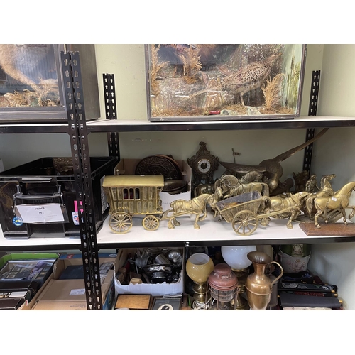 56 - Large collection of brasswares and collectables including heavy brass horses and carts, bugle, tilly... 