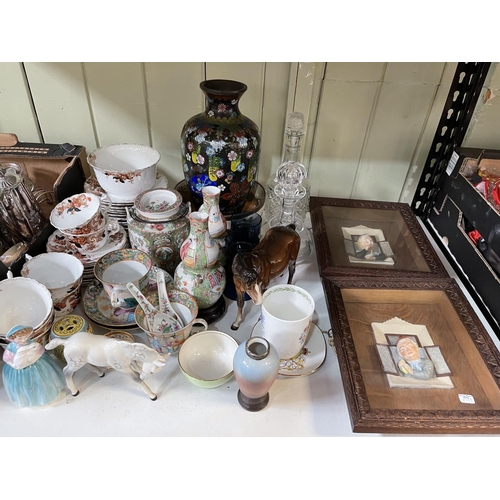 58 - Silver plated wares, Chinese pieces, pair bisque plaques, two boxes of souvenir dolls, etc.