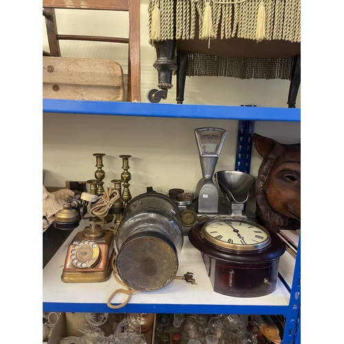 67 - GPO clock, brass candlesticks, Vandome and Hart kitchen scales, vintage telephone, etc.