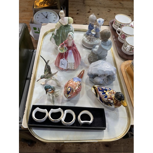 7 - Tray lot with two Royal Crown Derby paperweights, Lladro and Nao, two Royal Doulton figures, etc.