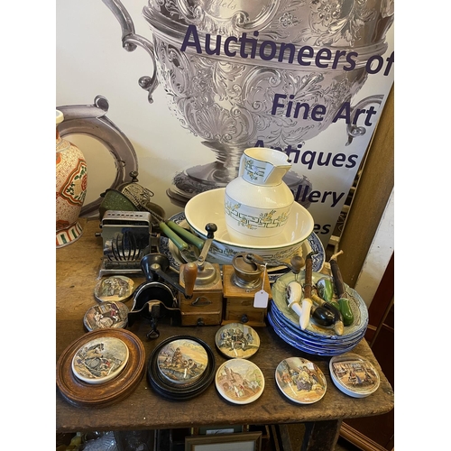 76 - Collection of Prattware pot lids, pipes, grinders, Victorian pottery, metalwares, etc.