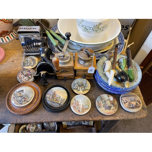 76 - Collection of Prattware pot lids, pipes, grinders, Victorian pottery, metalwares, etc.