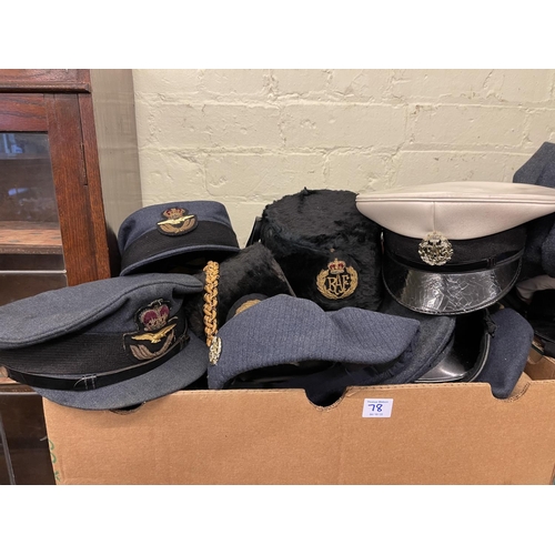 78 - Collection of mainly RAF military clothing inc uniform jacket, RAF bandsman busby hats, RAF Officers... 