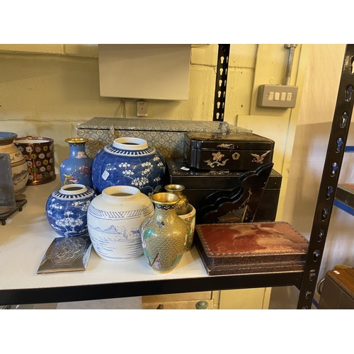 93 - Cloisonne vase, blue and white ginger jars, musical jewellery box, Oriental boxes, etc.