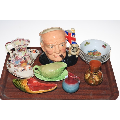 1 - Royal Doulton Winston Churchill character jug, Masons jug and dish, Linthorpe shoe wall pocket, vase... 