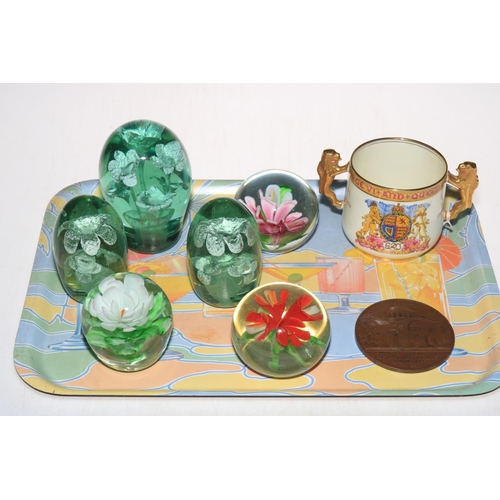 11 - Three Victorian green glass dumps, three glass paperweights, Paragon King George VI and Queen Elizab... 