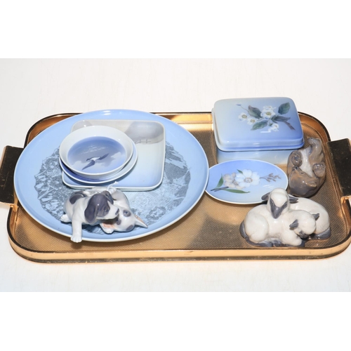 13 - Royal Copenhagen dog and sheep groups, lidded box, plate and dishes.