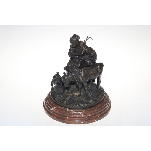 142 - After Eugene Lanceray (Russian 1848-1886), bronze group of calves being troubled by a dog, with a ma... 