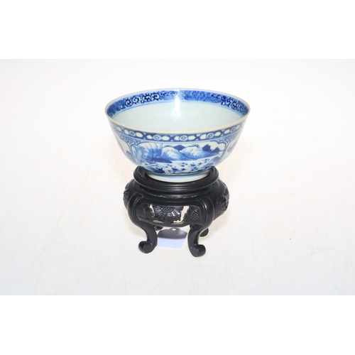 168 - Chinese blue and white bowl with panels of decoration, 14.5cm diameter, with stand.