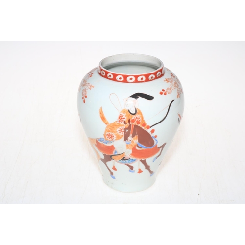 171 - Japanese vase with samurai and horseback warrior decoration, six character mark, 17cm.