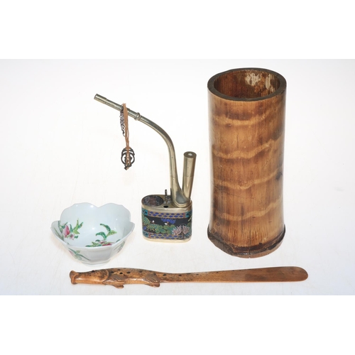 179 - Opium pipe, Chinese bowl, brush pot and page turner (4).