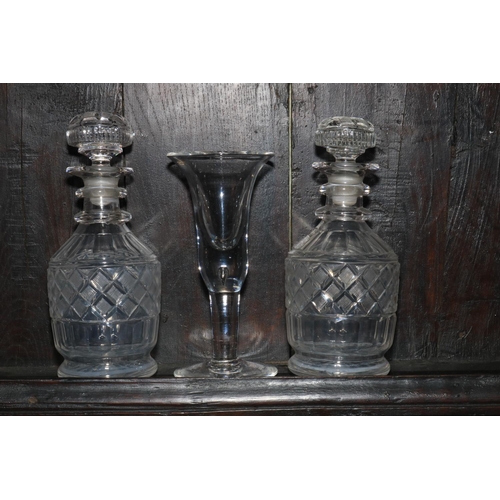 183 - Pair antique crystal decanters and heavy wine goblet (3).