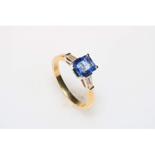 193 - Sapphire and diamond 18 carat yellow and white gold ladies ring, the square cut 1.84 carat sapphire ... 