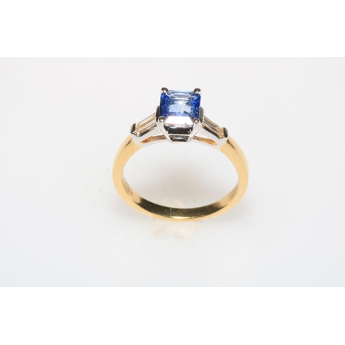 193 - Sapphire and diamond 18 carat yellow and white gold ladies ring, the square cut 1.84 carat sapphire ... 