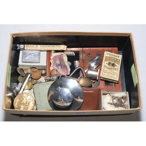 207 - Box with silver inkwell and thimbles, coins and collectables.