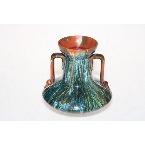 211 - Linthorpe Pottery two handled vase in blue/green streak glaze, shape no. 957, 13.5cm.