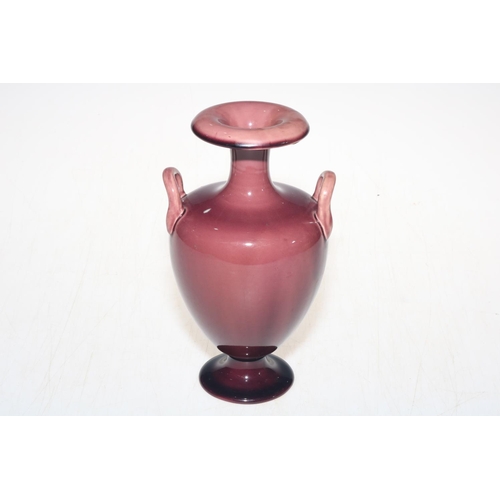 212 - Linthorpe Pottery two handled vase in plum glaze, shape no. 359, 19.5cm.