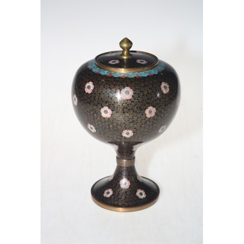 220 - Cloisonné stemmed bowl and cover with stylised decoration, 20.5cm.