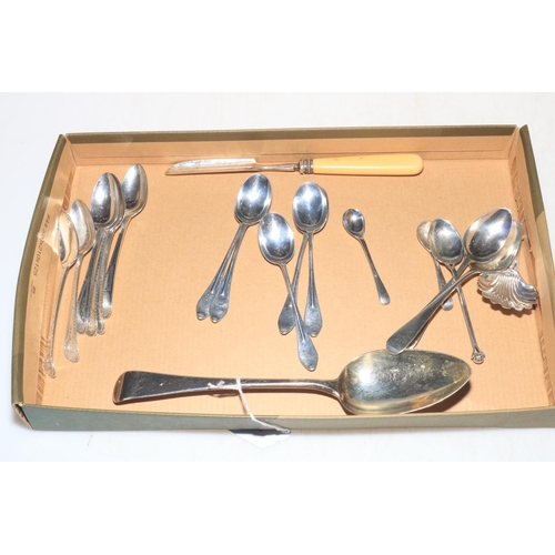 249 - Six William IV silver bright cut teaspoons, George III silver tablespoon, silver caddy spoon and che... 