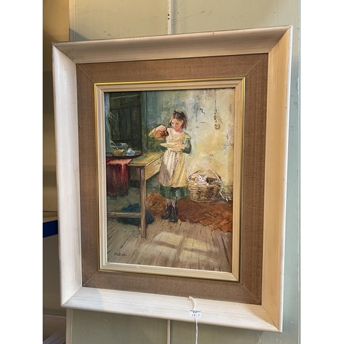 293 - M Wilson, Girl Preparing to Feed a Cat, oil on board, signed lower left, 29cm by 21cm, framed.