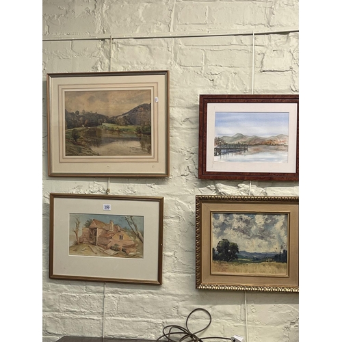 299 - D Noble, River Severn, oil on canvas and three framed watercolours (4).