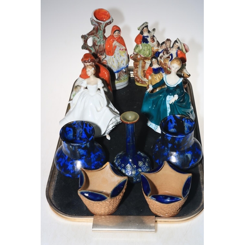 3 - Staffordshire spill vase and three figures, two Royal Doulton figures 'Janine' and 'Nancy', pair of ... 