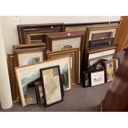 303 - Large quantity of old framed pictures including painted mirror, map, firescreen, etc.