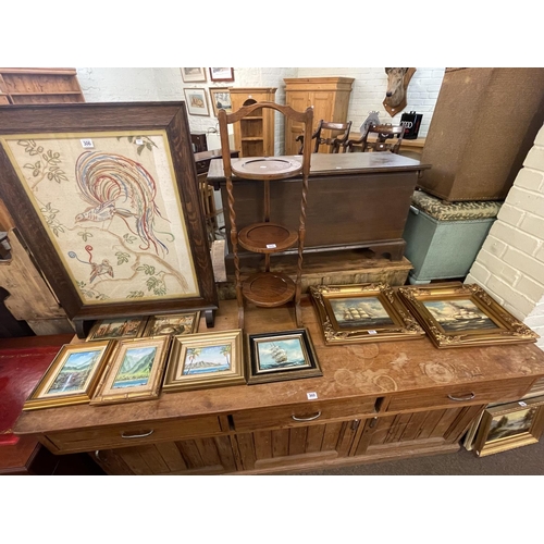 306 - Collection of eighteen various pictures including oils, needlework panel firescreen and three tier o... 