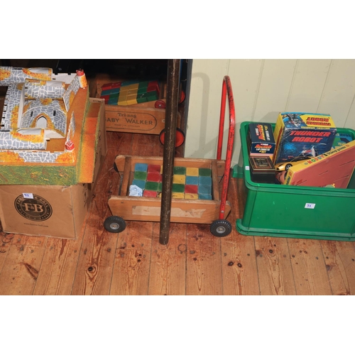 32 - Two Building Block baby walkers, toy fort, military vehicle and others, battery Thunder Robot, etc.