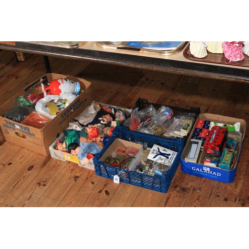 33 - Five boxes of toys, puppets, dominoes, model vehicles, etc.