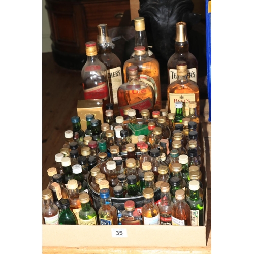 35 - Seven bottles of whisky and approximately eighty miniatures including Teacher's 75cl, Bell's 75cl, G... 